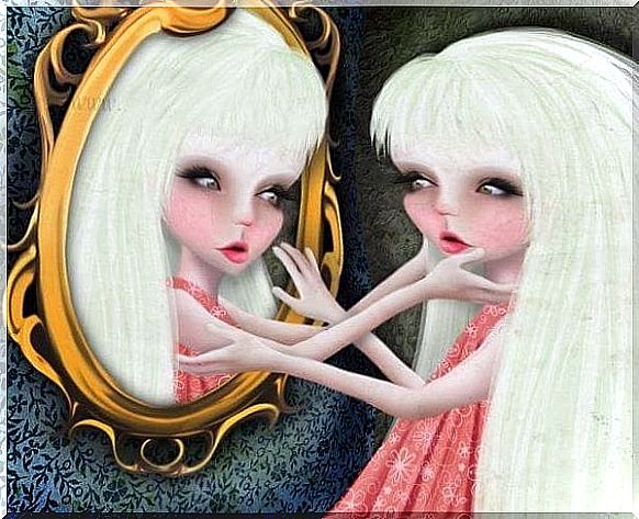 Girl with mirror is plagued by narcissism and self-esteem