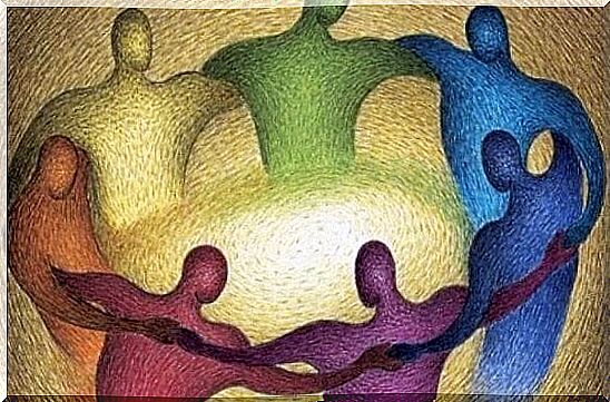 Colorful people stand in a circle