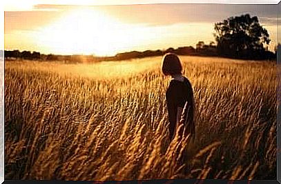 The key to happiness: A person standing in a wheat field