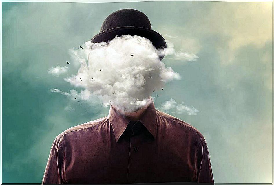 Man with cloud in front of head symbolizes his refuge