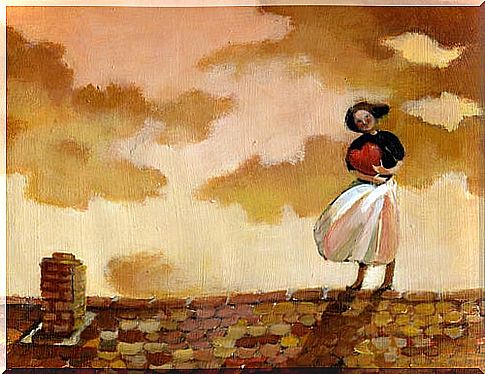 Woman with heart on roof