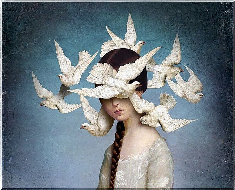 Woman with white birds flying around her head