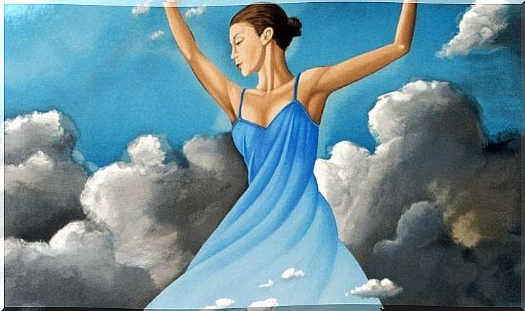 Woman in blue dresses dances between gray clouds to create a life worth rejoicing