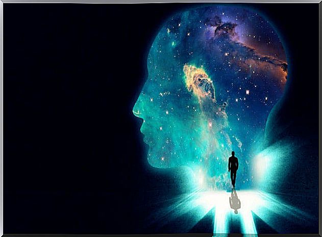 Person goes towards universe shaped as head in search of destiny