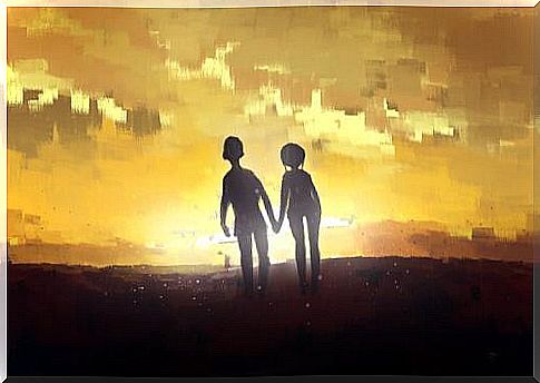 painting of a couple walking hand in hand