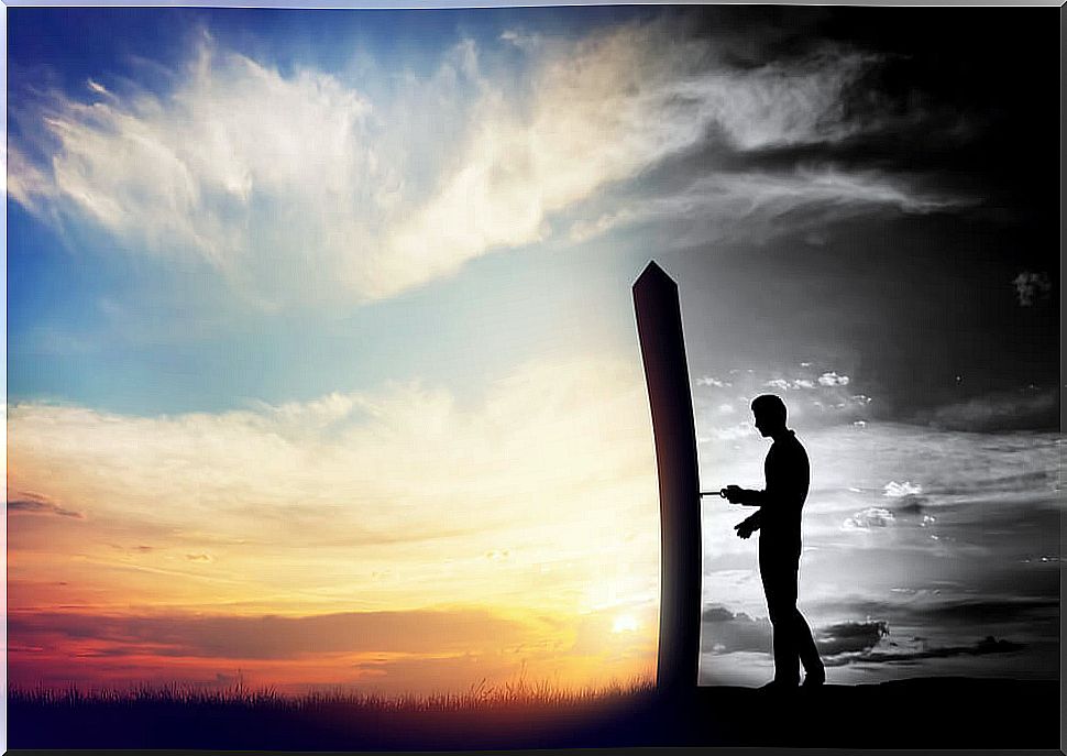 Man opens door to beautiful landscape and breaks with the power of habit