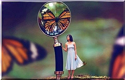 A little girl next to a magnifying glass showing a butterfly