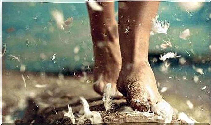 Bare feet walk with feathers flying around