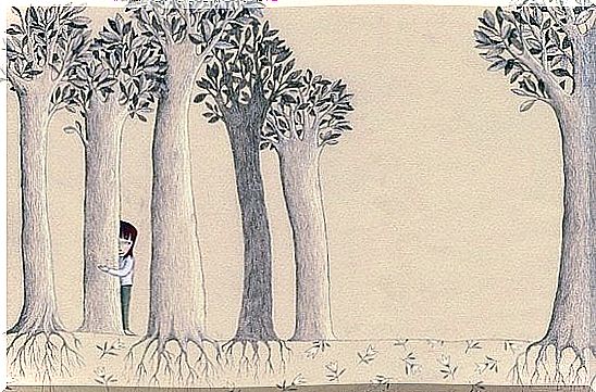 Child in a loveless emotional age hides behind trees