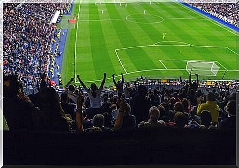 Spectators cheer during a football match 